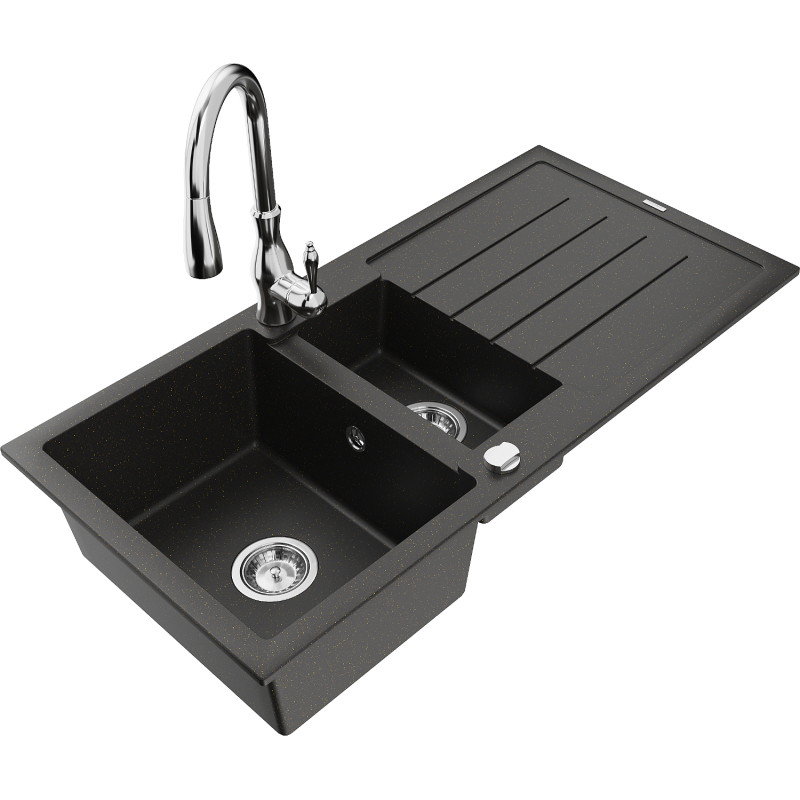 Mexen Andres granite kitchen sink 1.5-bowl with drainer and Savita kitchen faucet, black/gold metallic - 6515-75-672601-00
