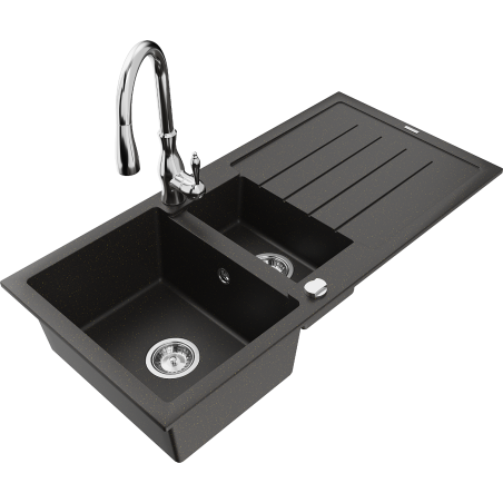 Mexen Andres 1.5-bowl granite sink with drainer and Savita kitchen tap, black/gold metallic- 6515-75-672601-00