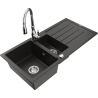 Mexen Andres 1.5-compartment granite sink with a drip tray and kitchen mixer tap Savita, Black/Gold metallic- 6515-75-672601-00