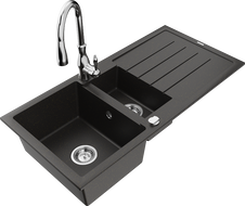 Mexen Andres granite kitchen sink 1.5-bowl with drainer and Savita kitchen faucet, black/gold metallic - 6515-75-672601-00