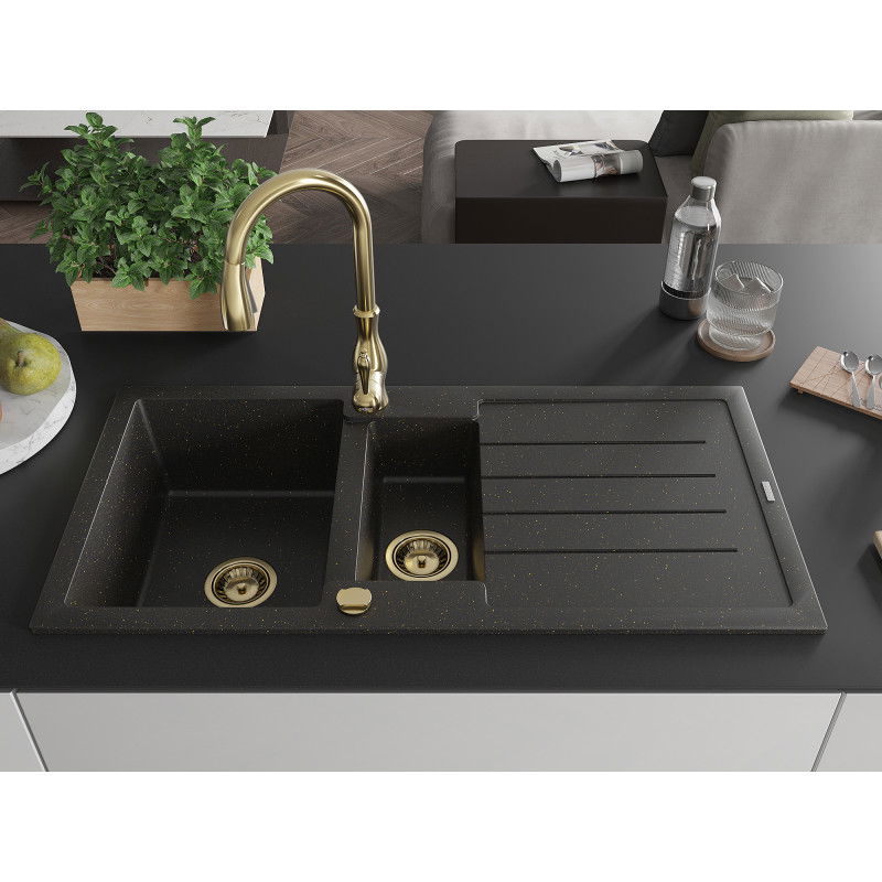 Mexen Andres granite sink 1.5-basin with drainer and Savita kitchen tap, black/gold metallic- 6515-75-672601-50