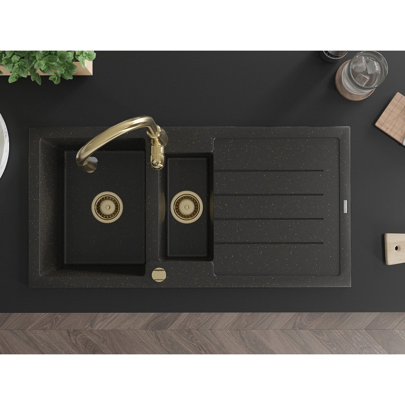 Mexen Andres 1.5-bowl granite sink with drainer and Savita kitchen faucet, black/gold metallic - 6515-75-672601-50
