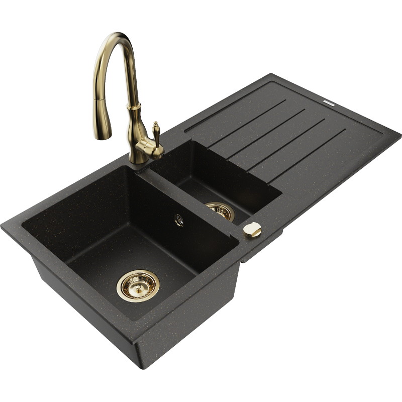 Mexen Andres 1.5-bowl granite sink with drainer and Savita kitchen faucet, black/gold metallic - 6515-75-672601-50