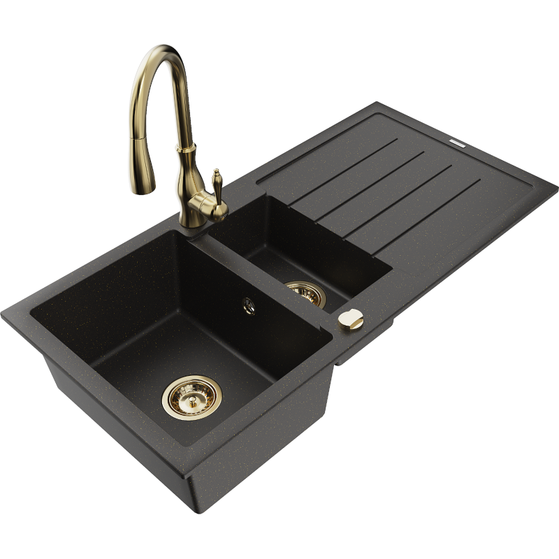 Mexen Andres granite sink 1.5-basin with drainer and Savita kitchen tap, black/gold metallic- 6515-75-672601-50