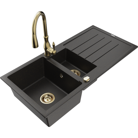 Mexen Andres 1.5-bowl granite sink with drainer and Savita kitchen faucet, black/gold metallic - 6515-75-672601-50