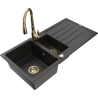 Mexen Andres 1.5-bowl granite sink with drainer and Savita kitchen faucet, black/gold metallic - 6515-75-672601-50