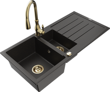 Mexen Andres 1.5-compartment granite sink with a drip tray and kitchen mixer tap Savita, Black/Gold metallic- 6515-75-672601-50