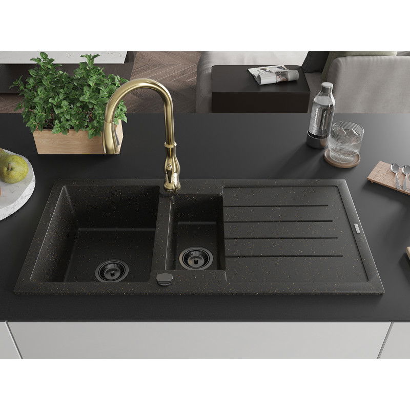 Mexen Andres 1.5-bowl granite sink with drainer and Savita kitchen tap, black/gold - 6515-75-672601-50-B