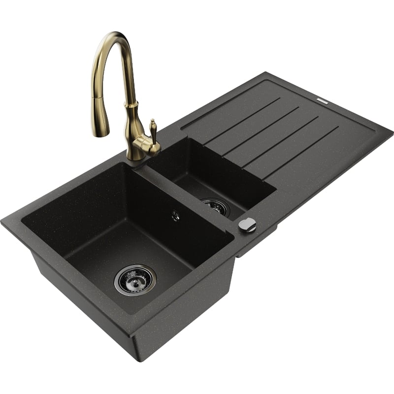Mexen Andres 1.5-bowl Granite Sink with Drainer and Savita Kitchen Faucet, Black/Gold - 6515-75-672601-50-B