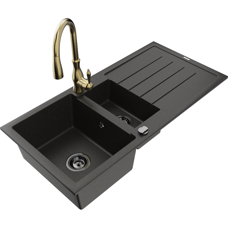 Mexen Andres 1.5-compartment granite sink with a drip tray and kitchen mixer tap Savita, Black/Gold - 6515-75-672601-50-B