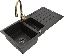 Mexen Andres 1.5-bowl granite sink with drainer and Savita kitchen tap, black/gold - 6515-75-672601-50-B
