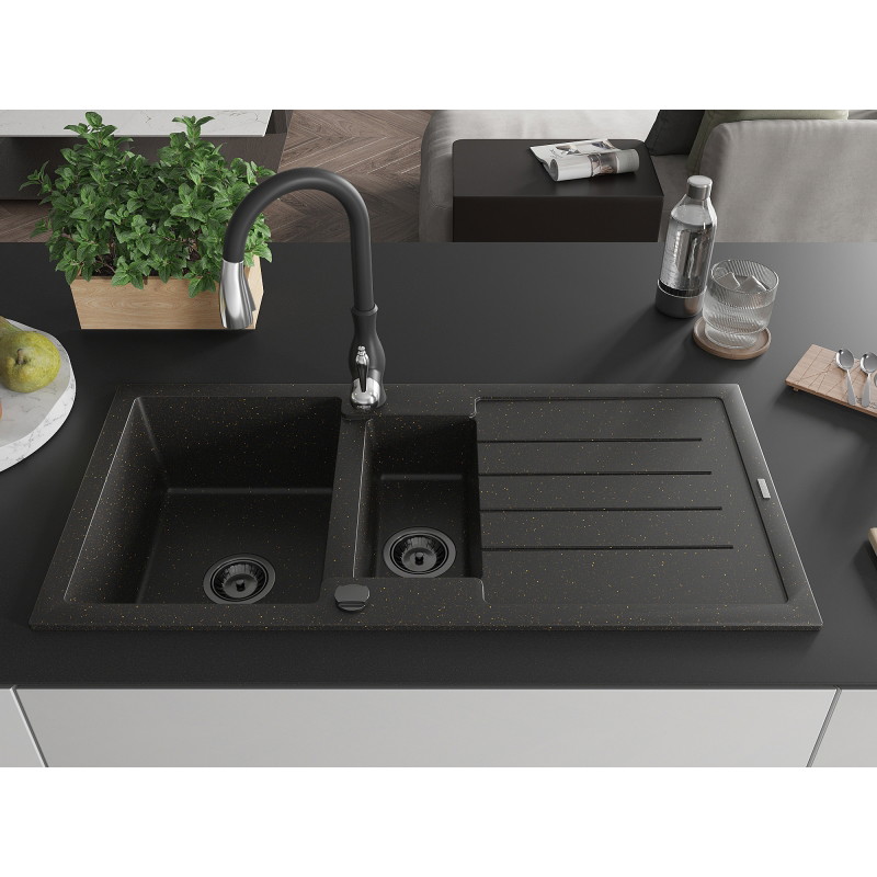 Mexen Andres granite sink 1.5-bowl with drainer and Savita kitchen faucet, black/gold - 6515-75-672601-70-B