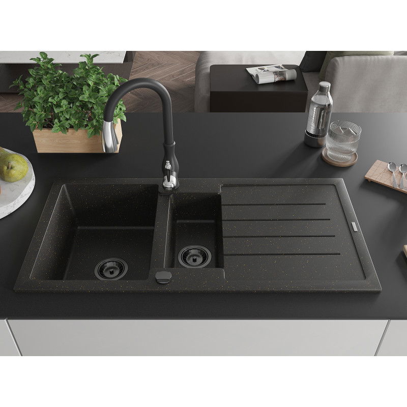 Mexen Andres granite sink 1.5-bowl with drainer and Savita kitchen tap, black/gold - 6515-75-672601-70-B