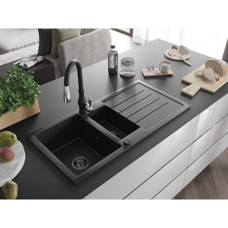 Mexen Andres granite sink 1.5-bowl with drainer and Savita kitchen faucet, black/gold - 6515-75-672601-70-B