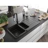 Mexen Andres granite sink 1.5-bowl with drainer and Savita kitchen faucet, black/gold - 6515-75-672601-70-B