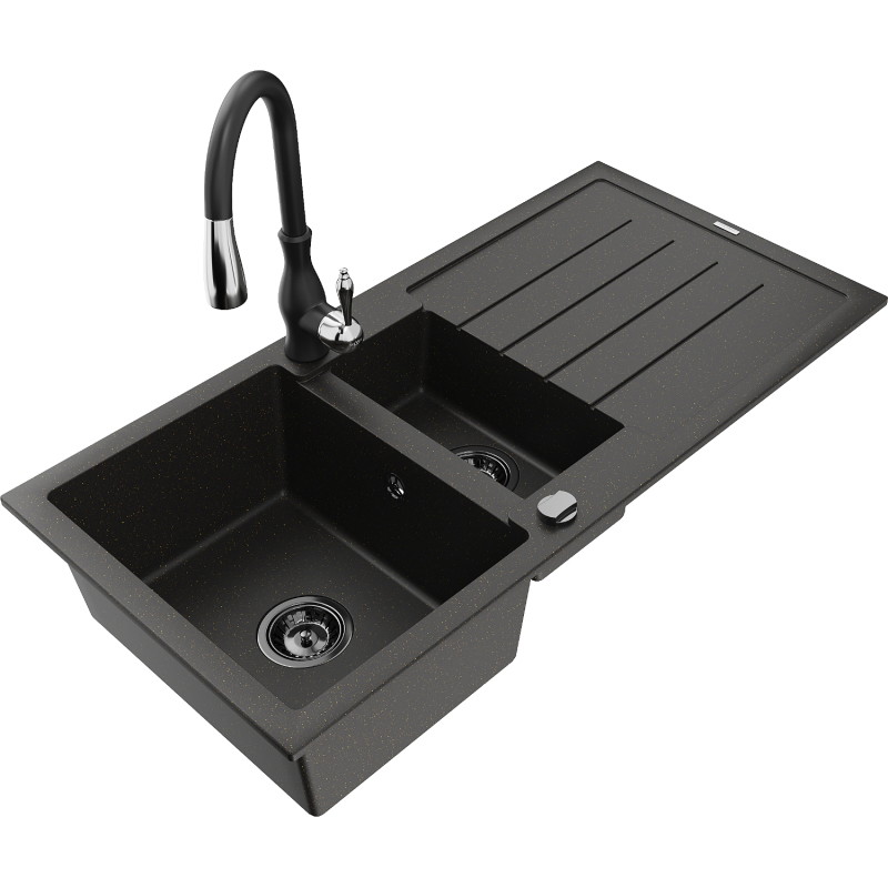 Mexen Andres granite sink 1.5-bowl with drainer and kitchen faucet Savita, black/gold - 6515-75-672601-70-B
