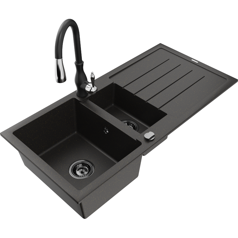 Mexen Andres granite sink 1.5-bowl with drainer and Savita kitchen tap, black/gold - 6515-75-672601-70-B