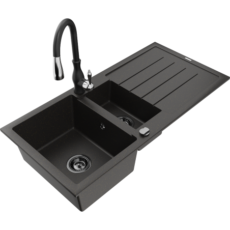 Mexen Andres granite sink 1.5-bowl with drainer and kitchen faucet Savita, black/gold - 6515-75-672601-70-B