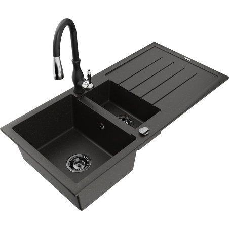 Mexen Andres granite sink 1.5-bowl with drainer and Savita kitchen faucet, black/gold - 6515-75-672601-70-B