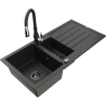 Mexen Andres granite sink 1.5-bowl with drainer and Savita kitchen faucet, black/gold - 6515-75-672601-70-B