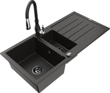 Mexen Andres granite sink 1.5-bowl with drainer and Savita kitchen faucet, black/gold - 6515-75-672601-70-B