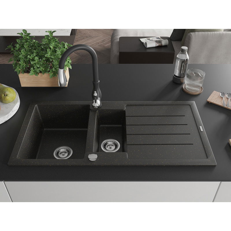 Mexen Andres granite sink 1.5-bowl with drainer and Savita kitchen tap, black/golden metallic - 6515-75-672601-70