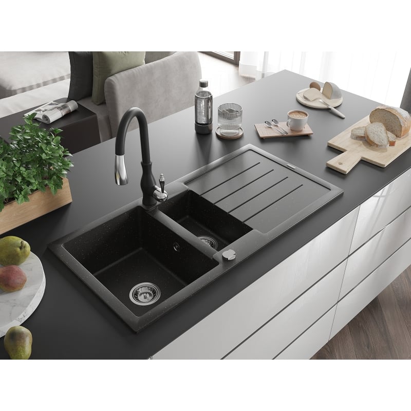 Mexen Andres granite sink 1.5-bowl with drainer and Savita kitchen faucet, black/gold metallic - 6515-75-672601-70