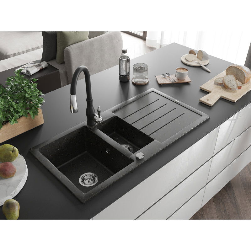 Mexen Andres granite sink 1.5-bowl with drainer and Savita kitchen tap, black/golden metallic - 6515-75-672601-70