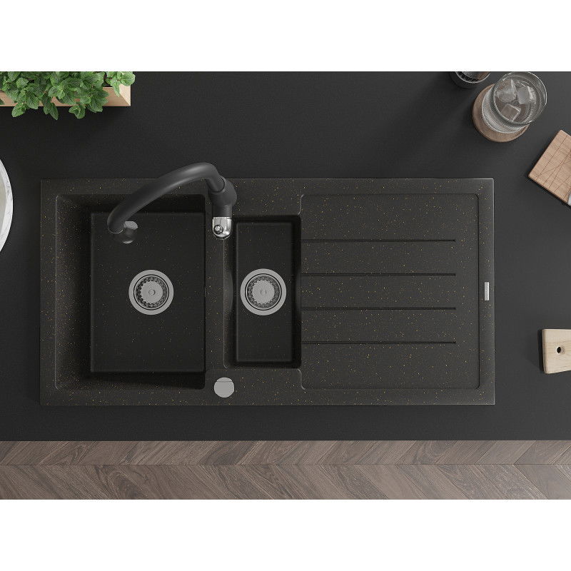 Mexen Andres granite sink 1.5-bowl with drainer and Savita kitchen tap, black/golden metallic - 6515-75-672601-70