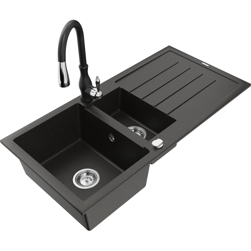 Mexen Andres 1.5-compartment granite sink with a drip tray and kitchen mixer tap Savita, Black/Gold metallic - 6515-75-672601-70