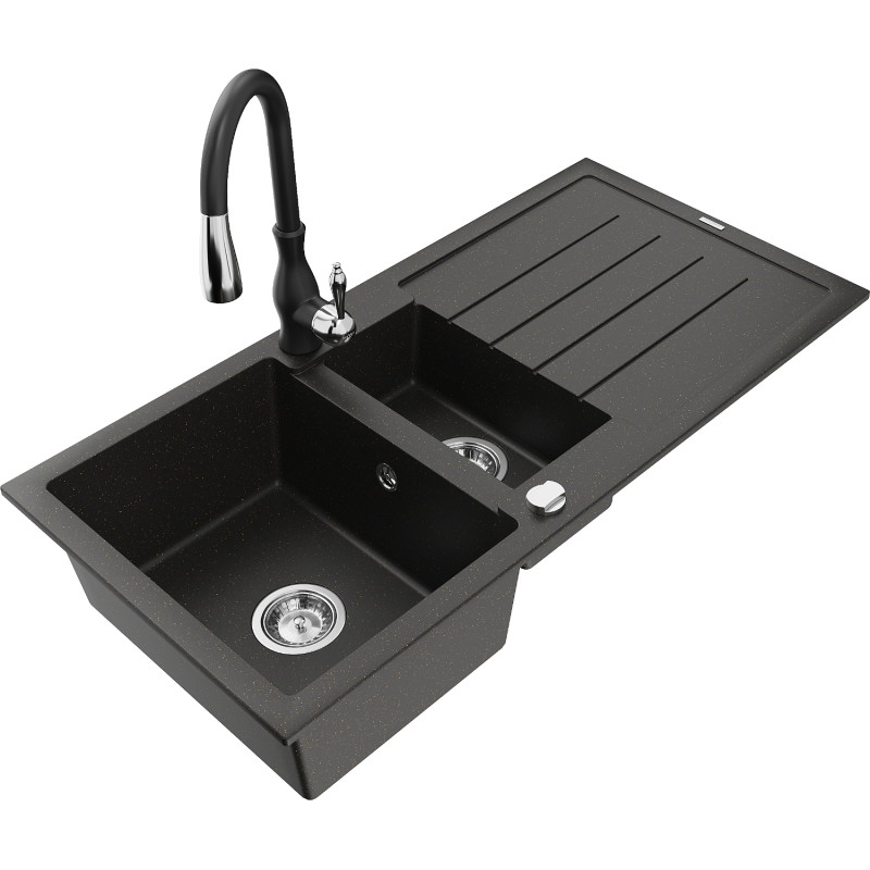 Mexen Andres granite sink 1.5-bowl with drainer and Savita kitchen faucet, black/gold metallic - 6515-75-672601-70