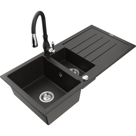 Mexen Andres 1.5-compartment granite sink with a drip tray and kitchen mixer tap Savita, Black/Gold metallic - 6515-75-672601-70