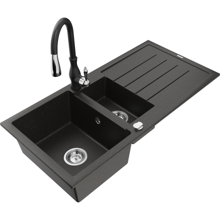 Mexen Andres granite sink 1.5-bowl with drainer and Savita kitchen tap, black/golden metallic - 6515-75-672601-70
