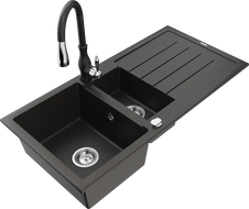 Mexen Andres granite sink 1.5-bowl with drainer and Savita kitchen tap, black/gold metallic - 6515-75-672601-70