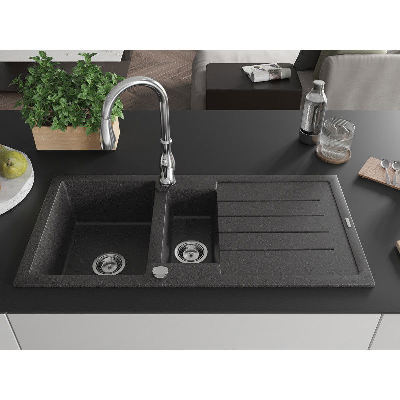 Mexen Andres granite sink 1.5-bowl with drainer and Savita kitchen tap, black spotted - 6515-76-672601-00