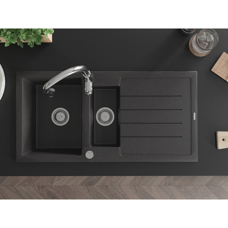 Mexen Andres 1.5-bowl granite sink with drainer and Savita kitchen faucet, speckled black - 6515-76-672601-00
