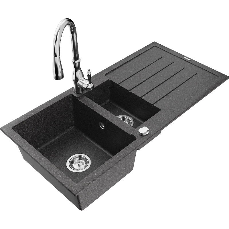 Mexen Andres 1.5-bowl granite sink with drainer and Savita kitchen faucet, speckled black - 6515-76-672601-00