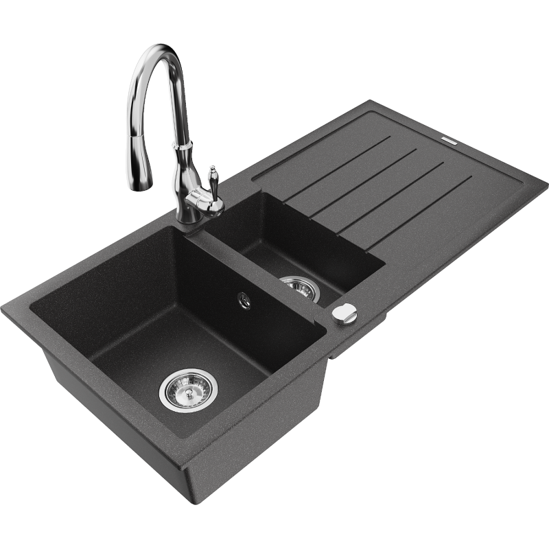 Mexen Andres granite sink 1.5-bowl with drainer and Savita kitchen tap, black spotted - 6515-76-672601-00