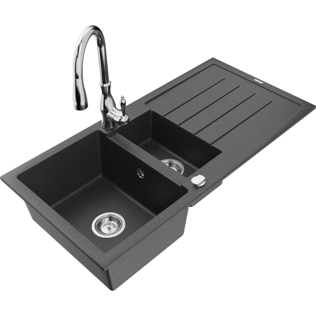 Mexen Andres 1.5-bowl granite sink with drainer and Savita kitchen faucet, speckled black - 6515-76-672601-00
