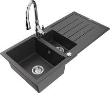 Mexen Andres granite kitchen sink 1.5-bowl with drainer and Savita kitchen faucet, black speckled - 6515-76-672601-00