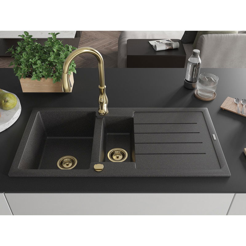 Mexen Andres granite sink 1.5-bowl with drainer and Savita kitchen tap, black speckled - 6515-76-672601-50