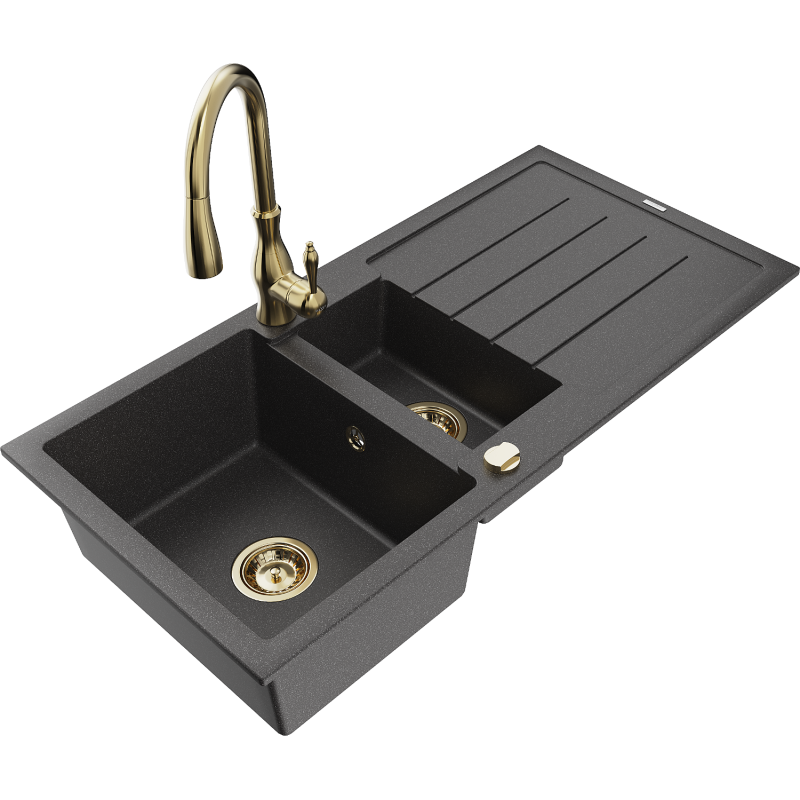 Mexen Andres 1.5-compartment granite sink with a drip tray and kitchen mixer tap Savita, spotted black - 6515-76-672601-50