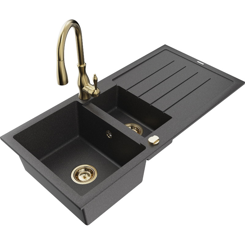 Mexen Andres granite sink 1.5-bowl with drainer and Savita kitchen faucet, speckled black - 6515-76-672601-50