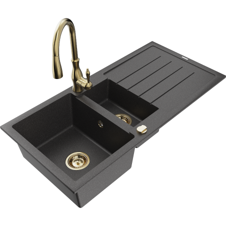 Mexen Andres granite sink 1.5-bowl with drainer and kitchen faucet Savita, speckled black - 6515-76-672601-50