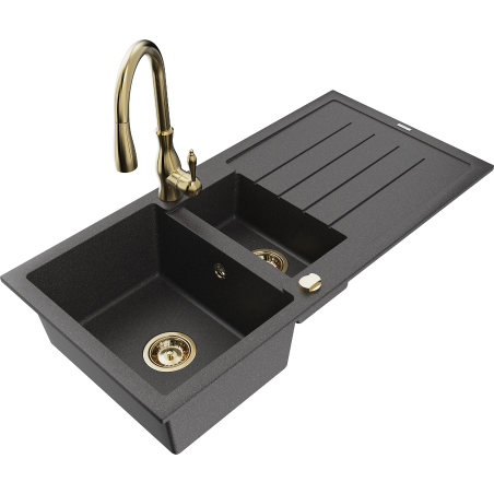 Mexen Andres granite sink 1.5-bowl with drainer and Savita kitchen tap, black speckled - 6515-76-672601-50