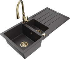 Mexen Andres 1.5-compartment granite sink with a drip tray and kitchen mixer tap Savita, spotted black - 6515-76-672601-50