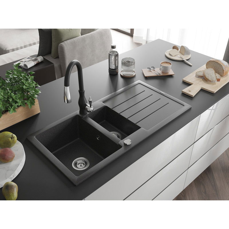 Mexen Andres granite sink 1.5-bowl with drainer and Savita kitchen tap, black speckled - 6515-76-672601-70