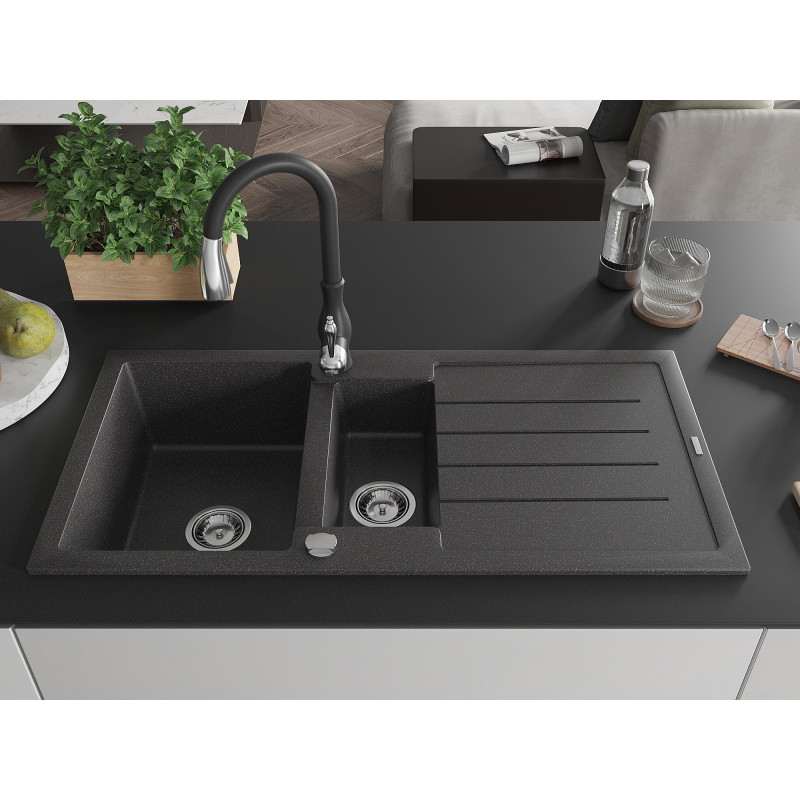 Mexen Andres granite sink 1.5-bowl with drainer and Savita kitchen faucet, black speckled - 6515-76-672601-70