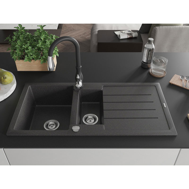Mexen Andres granite sink 1.5-bowl with drainer and Savita kitchen tap, black speckled - 6515-76-672601-70