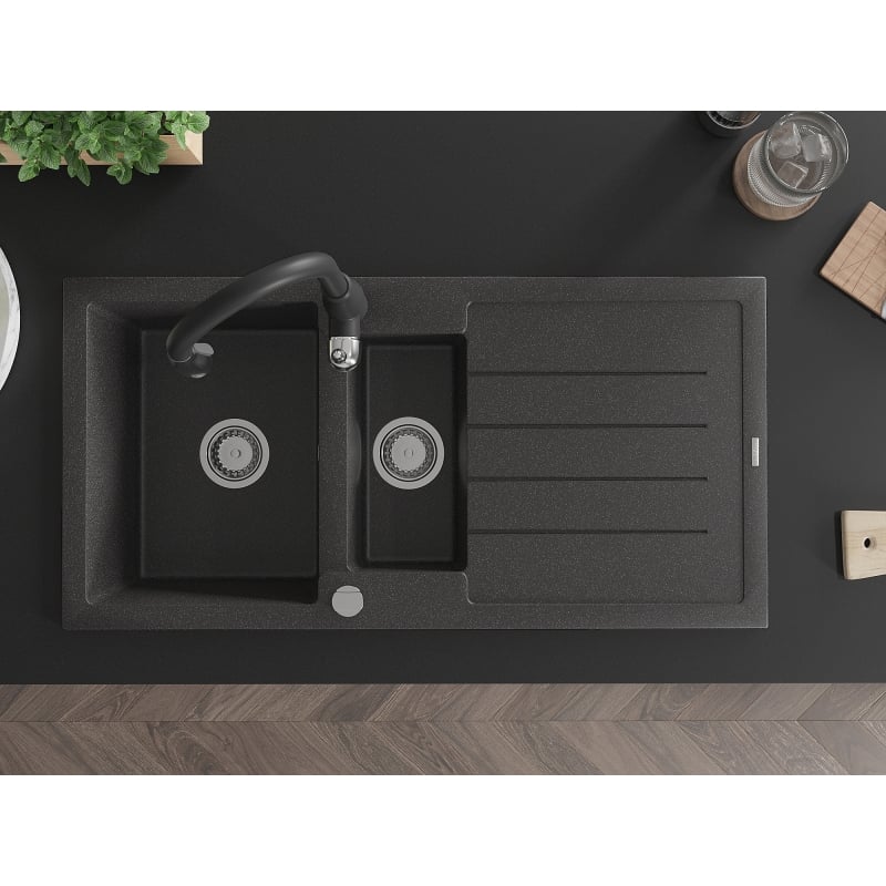Mexen Andres granite sink 1.5-bowl with drainer and Savita kitchen faucet, black speckled - 6515-76-672601-70